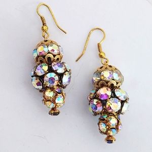 Gorgeous Vintage AB Crystal Large Gold Drop Earrings
